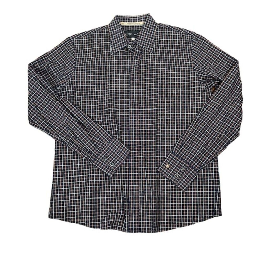 Armani Jeans Windowpane Plaid Button Front Dress Shirt Navy Red White XL